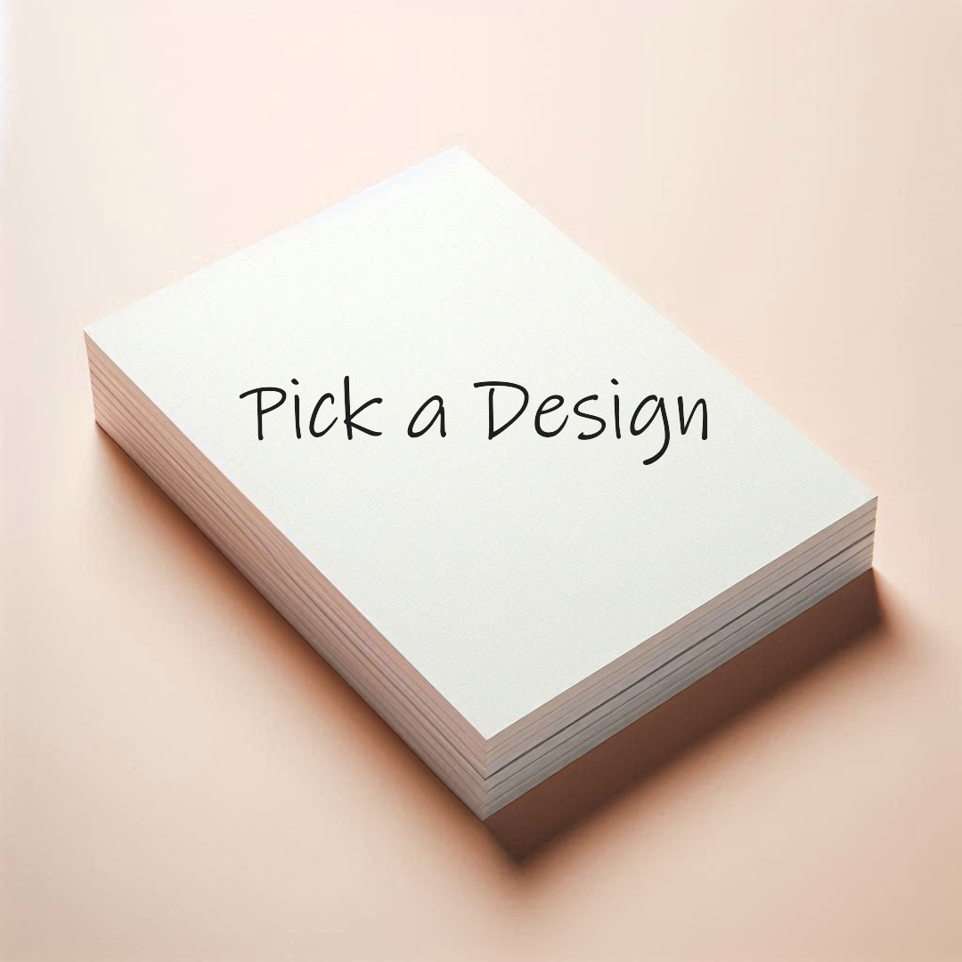 Stack of postcards with the message "Pick a Design"